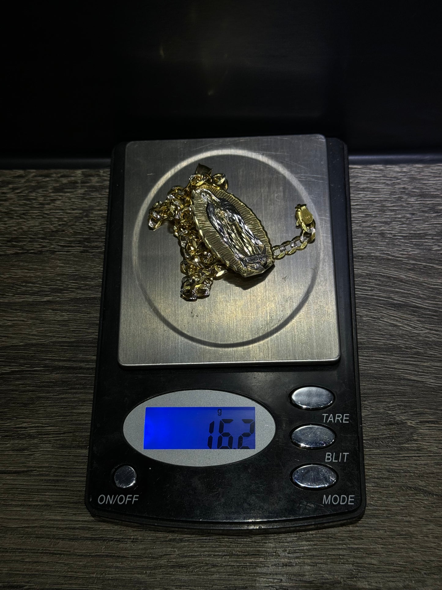 14K Gold Solid Flat Cuban Link Two-Tone & 14K Gold St Mary Pendant