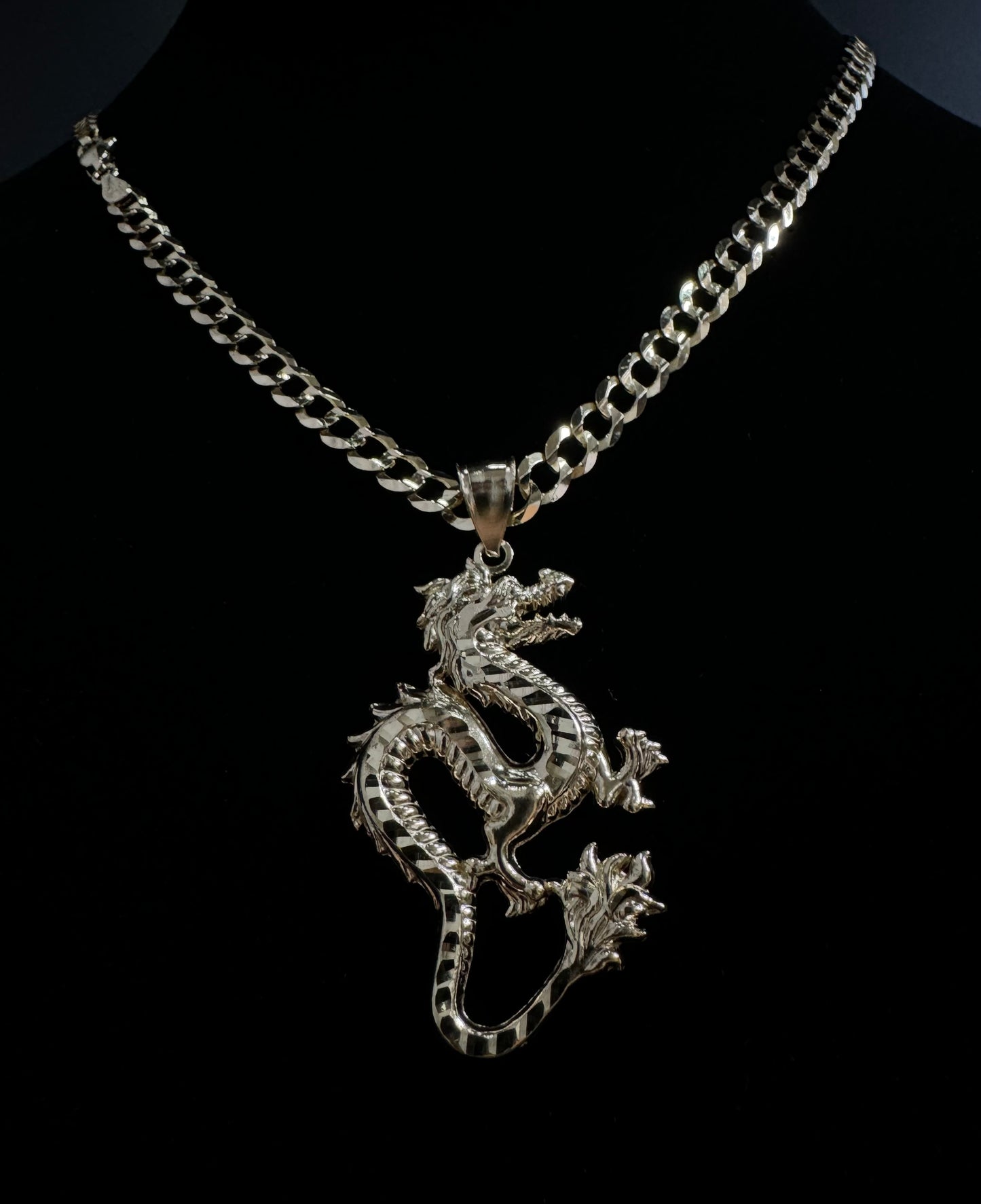 14K Gold Solid Flat Miami Cuban Link Chain & 14K Gold Dragon Pendant