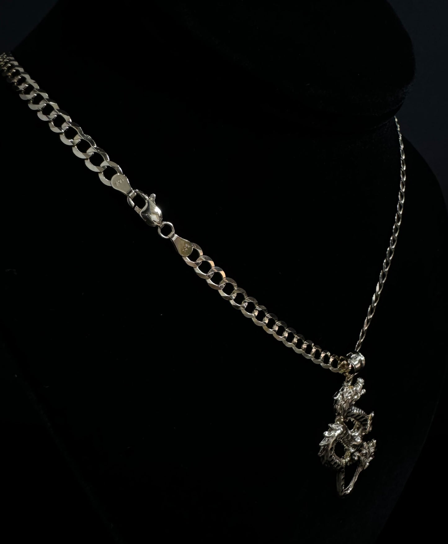 14K Gold Solid Flat Miami Cuban Link Chain & 14K Gold Dragon Pendant
