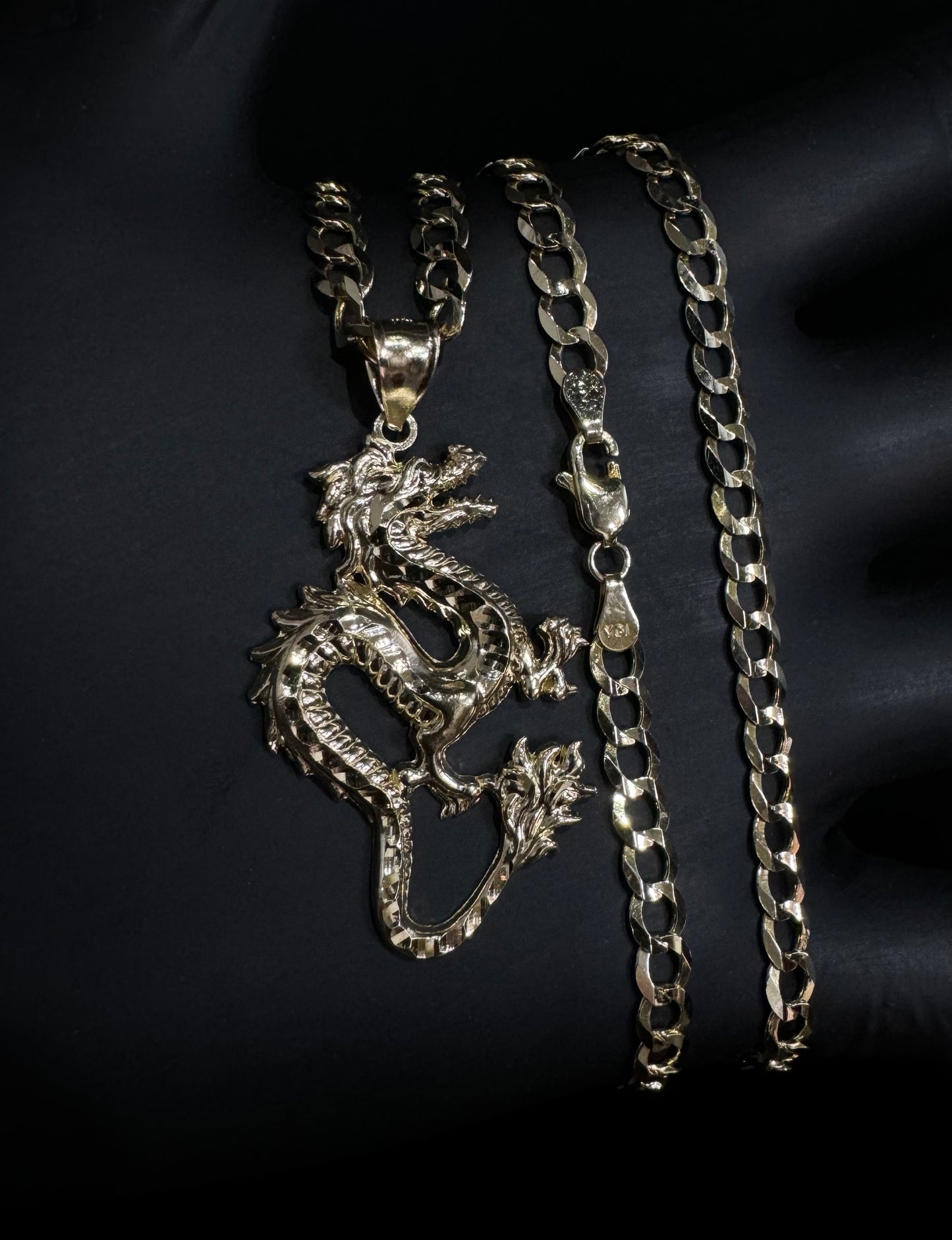 14K Gold Solid Flat Miami Cuban Link Chain & 14K Gold Dragon Pendant