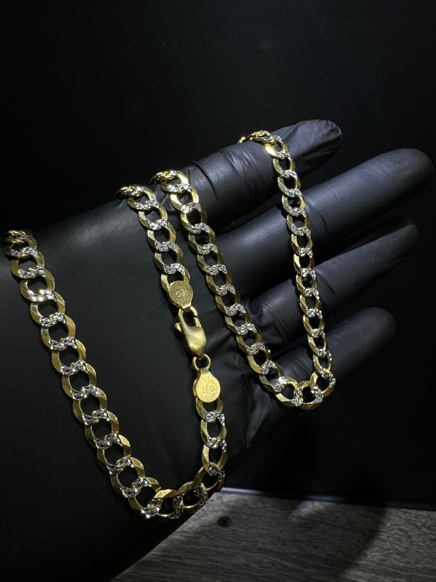 14K Gold Solid Two-Tone Flat Cuban Link Chain