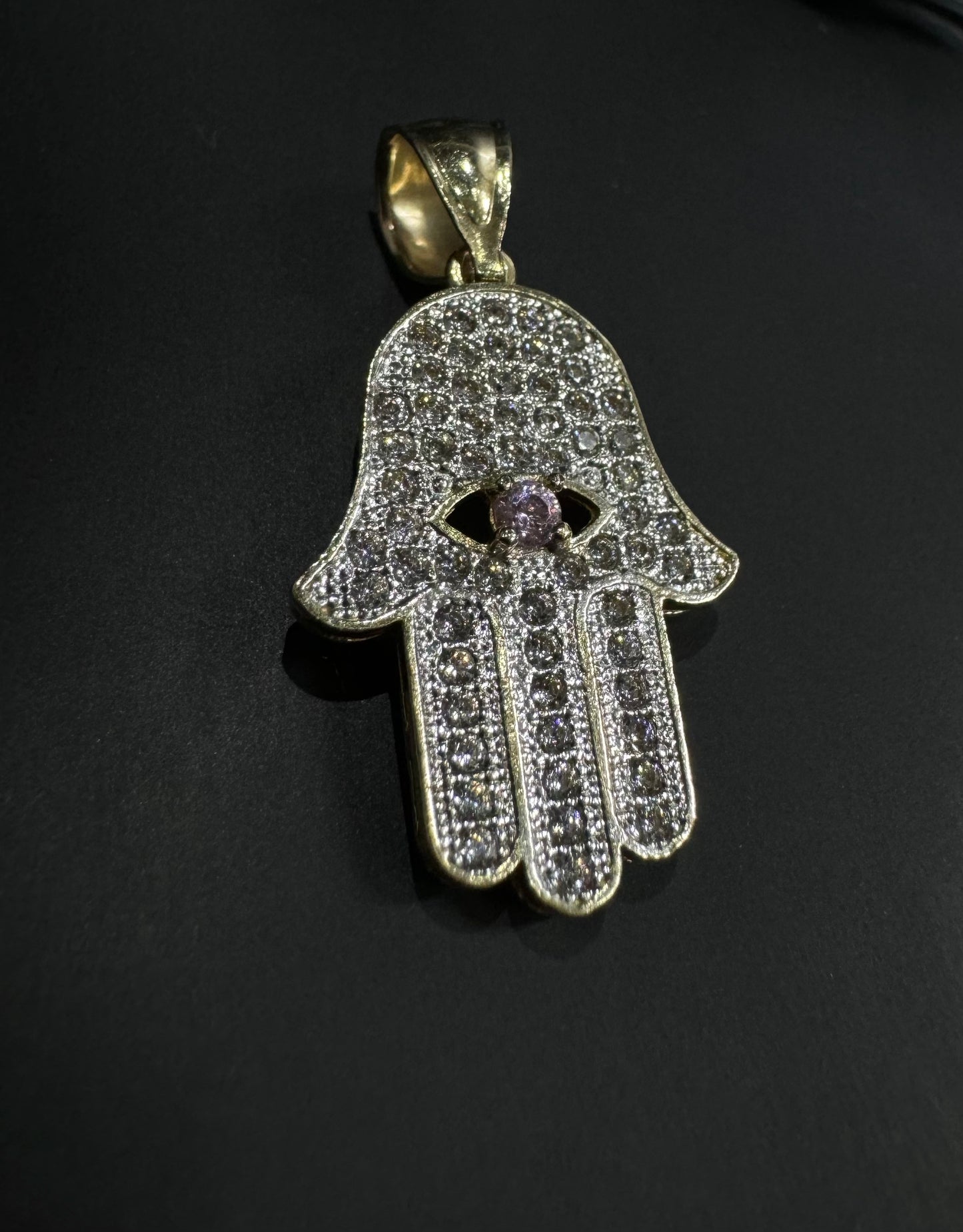 14K Gold Hamsa Evil Eye Pendant With CZ