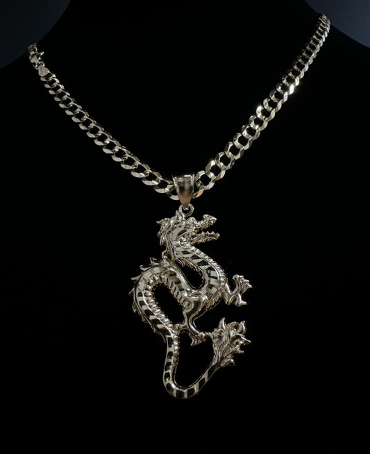 14K Gold Solid Flat Miami Cuban Link Chain & 14K Gold Dragon Pendant