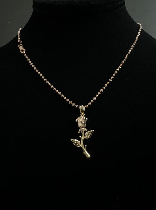 14K Gold Solid Bead Chain Link & 14K Gold Flower Pendant